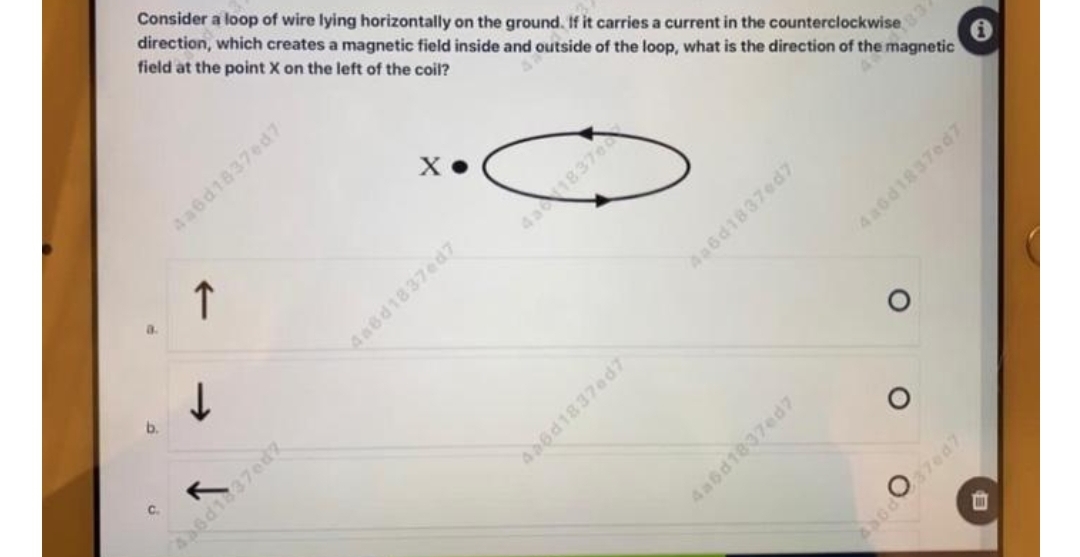 Consider a lop of wire lying horizontally on the ground. If it carries a current in the counterclockwise
direction, which creates a magnetic field inside and outside of the loop, what is the direction of the magnetic
field at the point X on the left of the coil?
X •
Aa6d1837ed7
b.
4a6d1837ed7
4a837
Aa6d1837ed7
46d1837ed7
4a6d1837ed7
4a6d1837ed7
