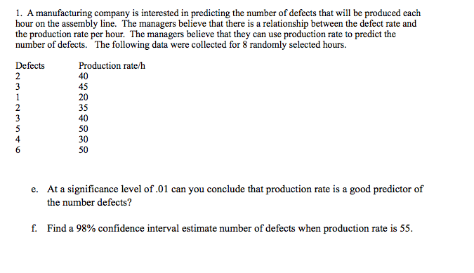1. A manufacturing company is interested in predicting the number of defects that will be produced each
hour on the assembly line. The managers believe that there is a relationship between the defect rate and
the production rate per hour. The managers believe that they can use production rate to predict the
number of defects. The following data were collected for 8 randomly selected hours.
Defects
2
3
1
Production rate/h
40
45
20
35
40
50
30
50
3
5
4
e. At a significance level of .01 can you conclude that production rate is a good predictor of
the number defects?
f. Find a 98% confidence interval estimate number of defects when production rate is 55.
