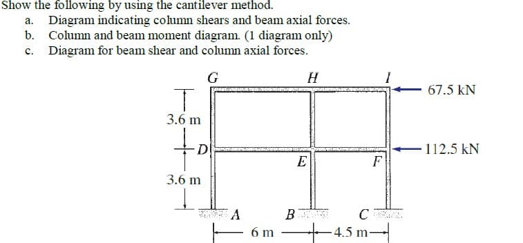 Show the following by using the cantilever method.
a. Diagram indicating column shears and beam axial forces.
b. Column and beam moment diagram. (1 diagram only)
Diagram for beam shear and column axial forces.
с.
G
H
67.5 kN
3.6 m
of
D
112.5 kN
F
3.6 m
A
B
C
6 m
4.5 m-
