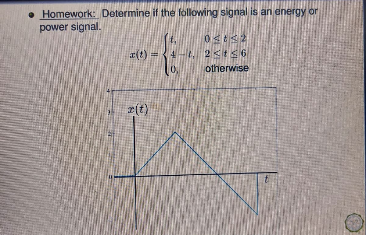 • Homework: Determine if the following signal is an energy or
power signal.
0<t< 2
x(t) = {4-t, 2<t<6
otherwise
0,
x(t)
3.
