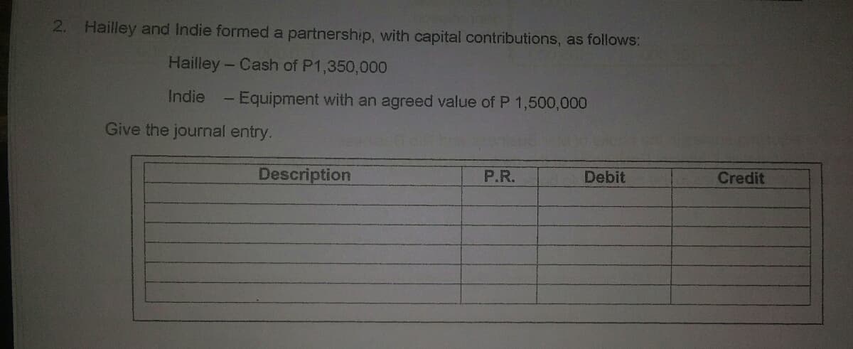 2. Hailley and Indie formed a partnership, with capital contributions, as follows:
Hailley- Cash of P1,350,000
Indie -Equipment with an agreed value of P 1,500,000
Give the journal entry.
Description
P.R.
Debit
Credit
