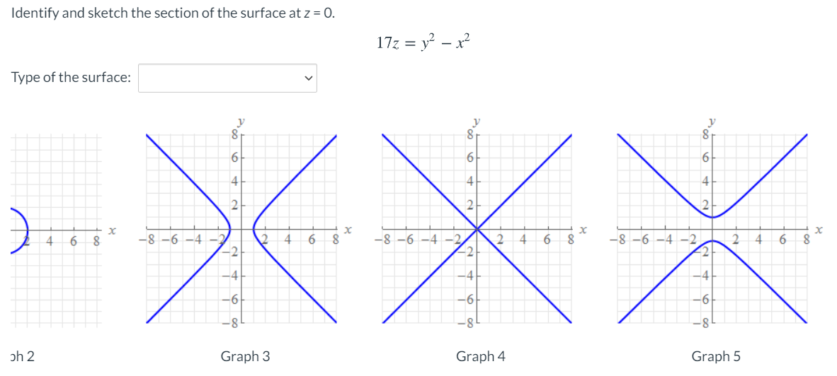 Identify and sketch the section of the surface at z = 0.
17z = y – x
Type of the surface:
6
4.
12
12
-8 -6 -4 -2,
-2
-8 -6 -4 -2
4
6 8
-8 -6 -4
6
6 8
6.
-2
-4
-4
-4
-6
-6
-6
ph 2
Graph 3
Graph 4
Graph 5
