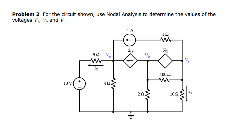 Problem 2 For the circuit shown, use Nodal Analysis to determine the values of the
voltages Va, Vb and V.
1A
2iy
5ix
5Ω V,
V
Ve
ix
100 2
42.
10 V
iy
10 Ω.
2.
