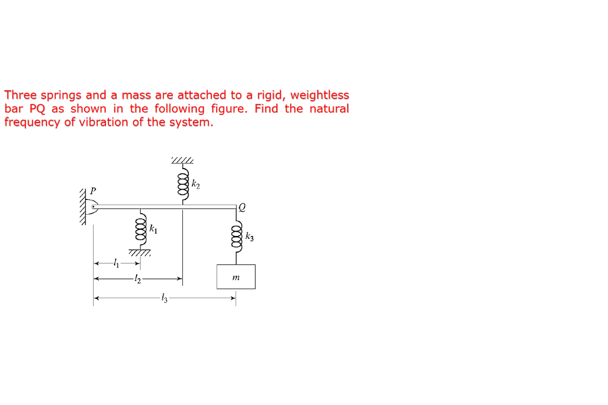 Three springs and a mass are attached to a rigid, weightless
bar PQ as shown in the following figure. Find the natural
frequency of vibration of the system.
k2
m
10000
