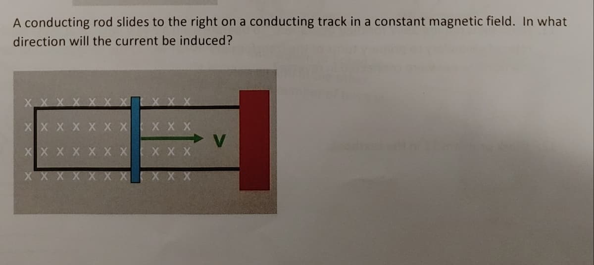 A conducting rod slides to the right on a conducting track in a constant magnetic field. In what
direction will the current be induced?
X X X X
x x x x x x
XXX
V