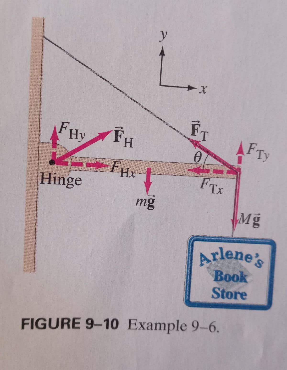 FHy FH
4
Hinge
▶FHx
mg
y
X
FT
0
FTX
AFTY
Mg
Arlene's
Book
Store
FIGURE 9-10 Example 9-6.