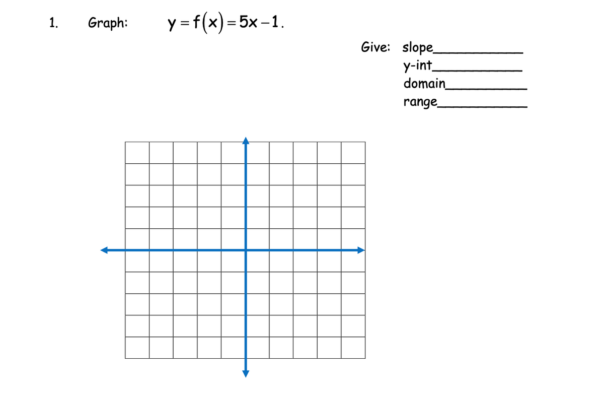 Graph:
y = f(x)= 5x-1.
1.
Give: slope_
y-int
domain_
range
