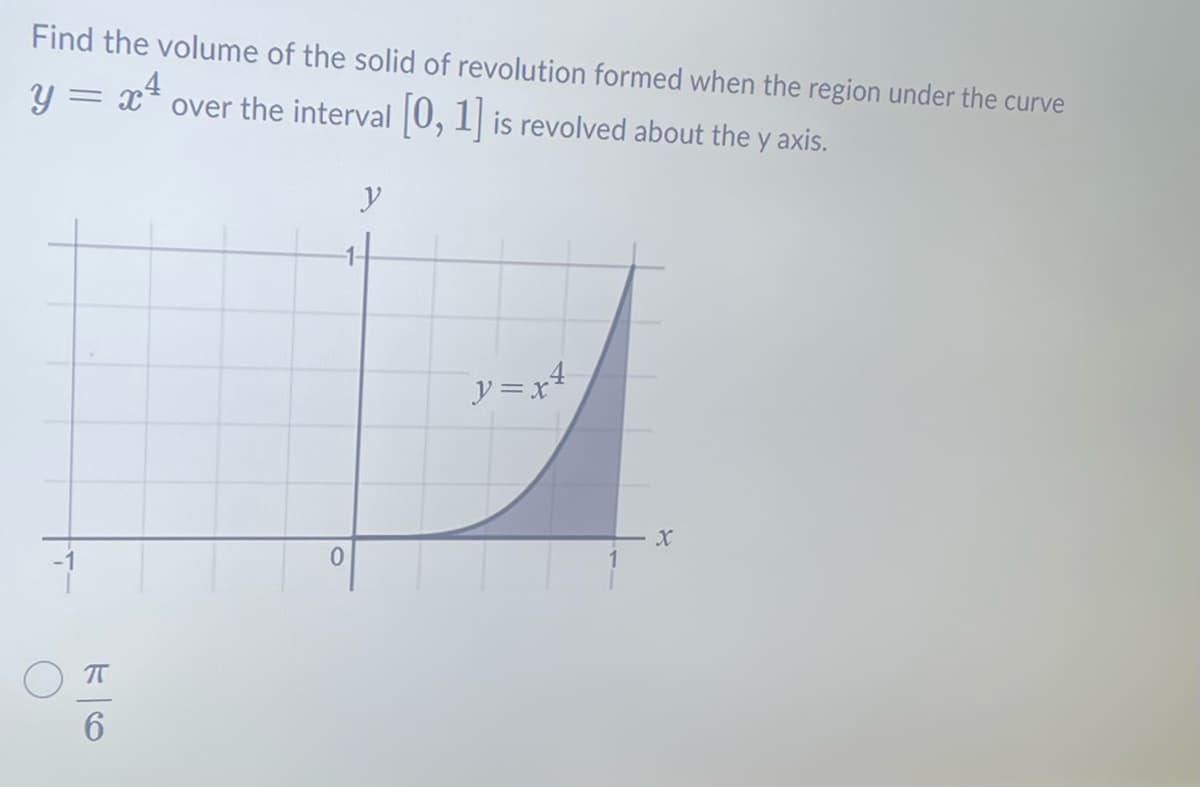 Find the volume of the solid of revolution formed when the region under the curve
y = x over the interval [0, 1] is revolved about the y axis.
о п
6
0
y
y=x²
X