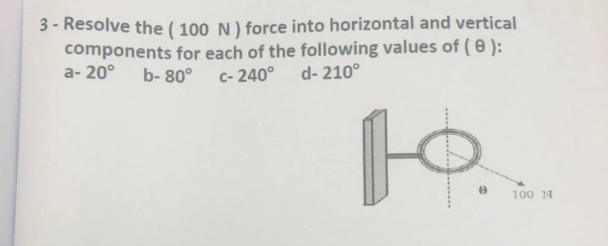 3 - Resolve the ( 100 N) force into horizontal and vertical
components for each of the following values of ( e ):
a- 20°
b- 80°
C- 240°
d- 210°
100 N
