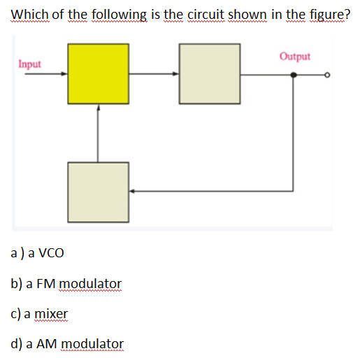 Which of the following is the circuit shown in the figure?
Output
Input
a)a VCO
b) a FM modulator
c) a mixer
ww www
d) a AM modulator
