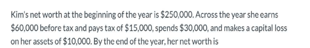 Kim's net worth at the beginning of the year is $250,000. Across the year she earns
$60,000 before tax and pays tax of $15,000, spends $30,000, and makes a capital loss
on her assets of $10,000. By the end of the year, her net worth is
