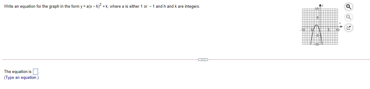 Write an equation for the graph in the form y = a(x - h) +k, where a is either 1 or - 1 and h and k are integers.
The equation is
(Type an equation.)
