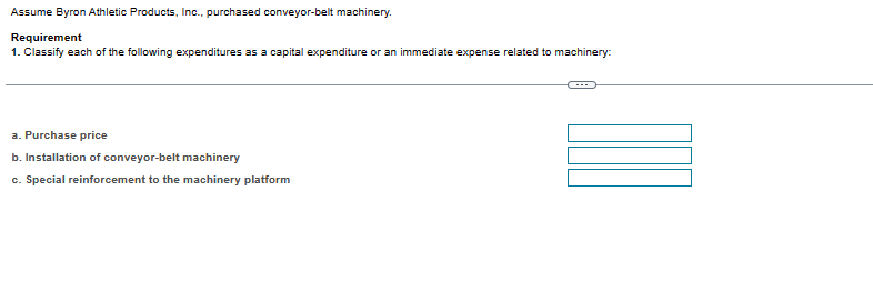 Assume Byron Athletic Products, Inc., purchased conveyor-belt machinery.
Requirement
1. Classify each of the following expenditures as a capital expenditure or an immediate expense related to machinery:
a. Purchase price
b. Installation of conveyor-belt machinery
c. Special reinforcement to the machinery platform