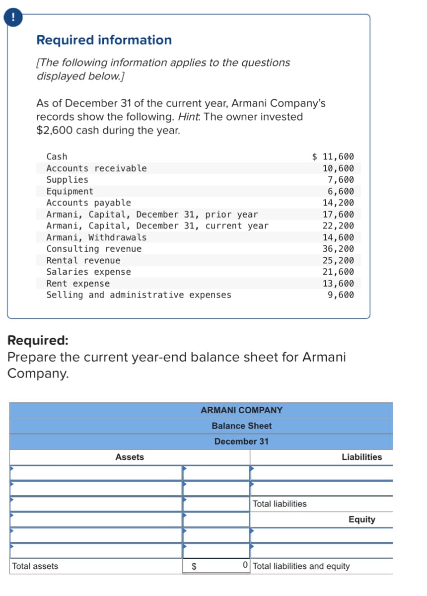Required information
[The following information applies to the questions
displayed below.]
As of December 31 of the current year, Armani Company's
records show the following. Hint. The owner invested
$2,600 cash during the year.
Cash
$ 11,600
Accounts receivable
Supplies
Equipment
Accounts payable
Armani, Capital, December 31, prior year
Armani, Capital, December 31, current year
Armani, Withdrawals
Consulting revenue
Rental revenue
10,600
7,600
6,600
14,200
17,600
22,200
14,600
36,200
25,200
21,600
13,600
9,600
Salaries expense
Rent expense
Selling and administrative expenses
Required:
Prepare the current year-end balance sheet for Armani
Company.
ARMANI COMPANY
Balance Sheet
December 31
Assets
Liabilities
Total liabilities
Equity
Total assets
2$
0 Total liabilities and equity
