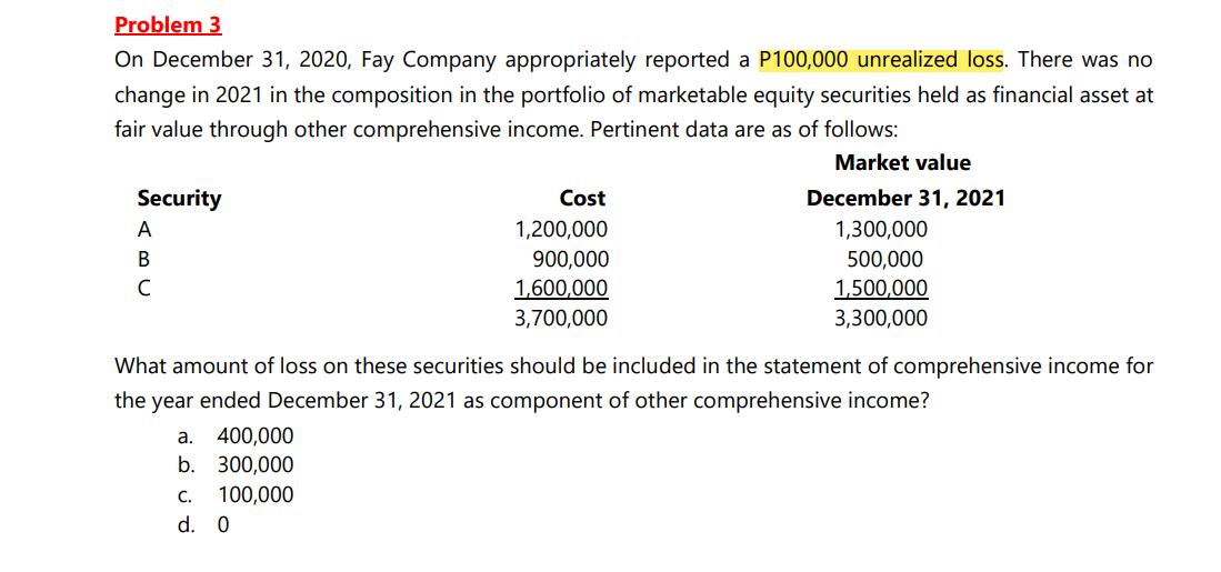 Problem 3
On December 31, 2020, Fay Company appropriately reported a P100,000 unrealized loss. There was no
change in 2021 in the composition in the portfolio of marketable equity securities held as financial asset at
fair value through other comprehensive income. Pertinent data are as of follows:
Market value
Security
Cost
December 31, 2021
A
1,200,000
1,300,000
В
900,000
500,000
1,600,000
3,700,000
C
1,500,000
3,300,000
What amount of loss on these securities should be included in the statement of comprehensive income for
the year ended December 31, 2021 as component of other comprehensive income?
400,000
b. 300,000
a.
C.
100,000
d. 0
