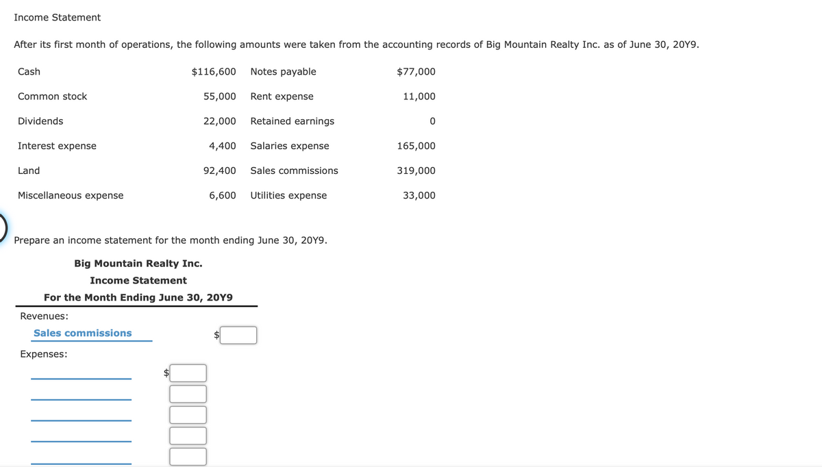 Income Statement
After its first month of operations, the following amounts were taken from the accounting records of Big Mountain Realty Inc. as of June 30, 20Y9.
Cash
$116,600
Notes payable
$77,000
Common stock
55,000
Rent expense
11,000
Dividends
22,000
Retained earnings
Interest expense
4,400
Salaries expense
165,000
Land
92,400
Sales commissions
319,000
Miscellaneous expense
6,600
Utilities expense
33,000
Prepare an income statement for the month ending June 30, 20Y9.
Big Mountain Realty Inc.
Income Statement
For the Month Ending June 30, 20Y9
Revenues:
Sales commissions
Expenses:
