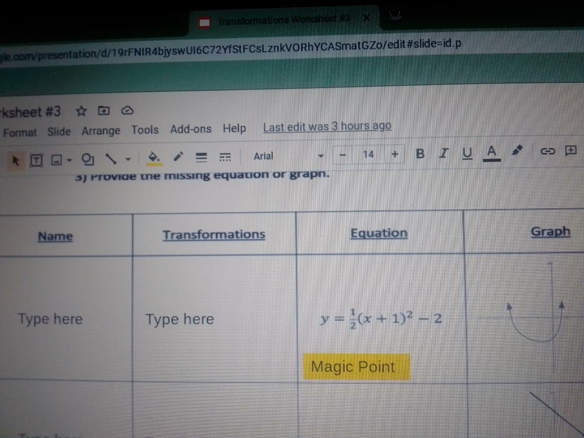 Transformations Worksheet
ecom/presentation/d/19rFNIR4bjyswUl6C72YfStFCsLznkVORhYCASmatGZo/edit#slide-id.p
ksheet #3 ☆D
Last edit was 3 hours ago
Format Slide Arrange Tools Add-ons Help
BI UA
Arial
14
3) Provide tne missing equation or grapn.
Name
Transformations
Equation
Graph
Type here
Type here
y =x +1)* – 2
Magic Point
日

