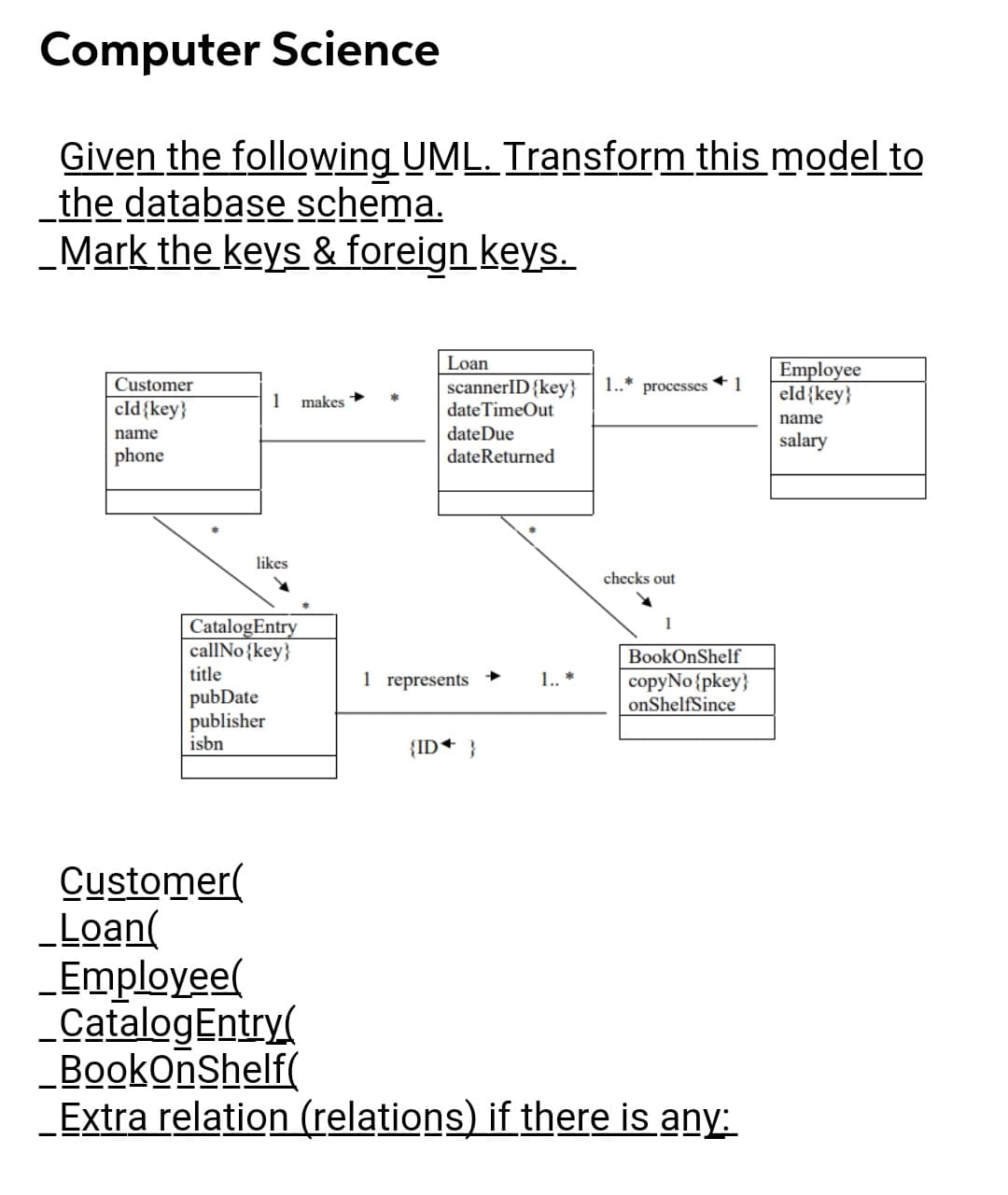 Computer Science
Given the following UML. Transform this model to
the database schema.
_Mark the keys & foreign keys.
Loan
Employee
1
eld{key}
Customer
1..* processes
scannerID {key}
date TimeOut
dateDue
dateReturned
cld{key}
1
makes
name
name
salary
phone
likes
checks out
CatalogEntry
callNo{key}
BookOnShelf
title
1 represents
1.. *
pubDate
copyNo{pkey}
onShelfSince
publisher
isbn
{ID* }
Customer(
_Loan(
„Employee(
_CatalogEntry(
_BookOnShelf(
_Extra relation (relations) if there is any:
