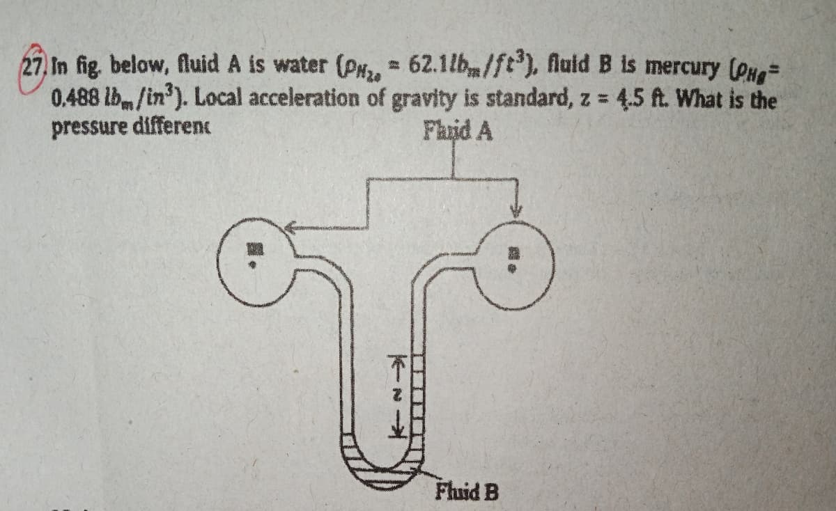 27, In fig. below, fluid A is water (PH,,
0.488 lb/in'). Local acceleration of gravity is standard, z = 4.5 ft. What is the
= ue=
62.1lb/ft), fluid B is mercury (PH
pressure differenc
Fhiid A
Fhuid B
露。
