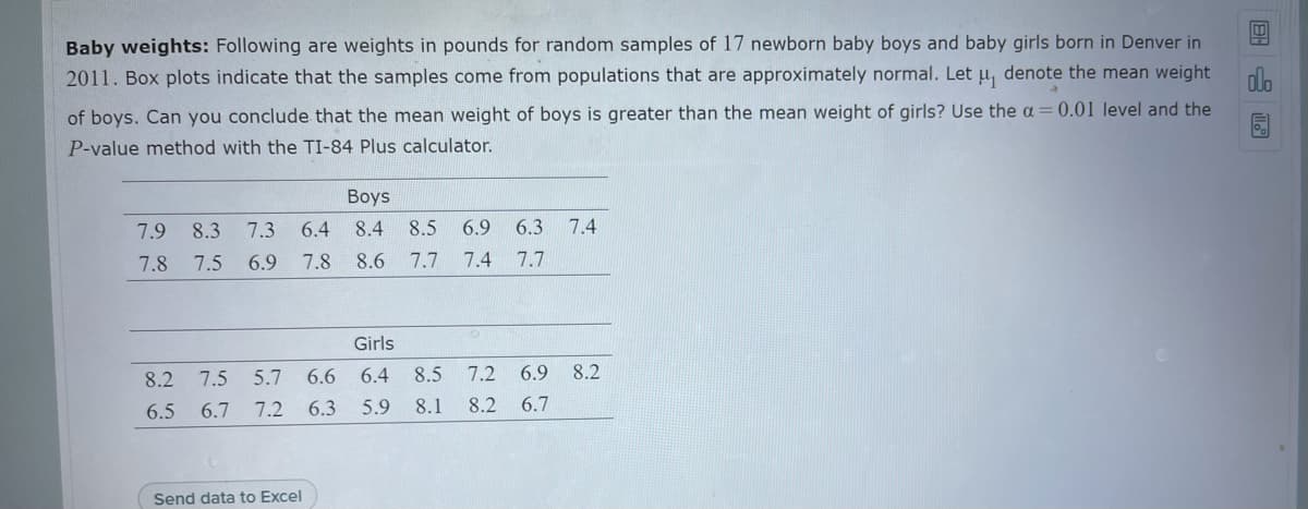 Baby weights: Following are weights in pounds for random samples of 17 newborn baby boys and baby girls born in Denver in
2011. Box plots indicate that the samples come from populations that are approximately normal. Let u, denote the mean weight
of boys. Can you conclude that the mean weight of boys is greater than the mean weight of girls? Use the a = 0.01 level and the
P-value method with the TI-84 Plus calculator.
Boys
7.9 8.3 7.3
6.4
8.4
8.5
6.9
6.3
7.4
7.8
7.5
6.9
7.8
8.6
7.7
7.4
7.7
Girls
8.2
7.5 5.7
6.6
6.4
8.5
7.2 6.9 8.2
6.5 6.7 7.2
6.3
5.9
8.1
8.2 6.7
Send data to Excel
