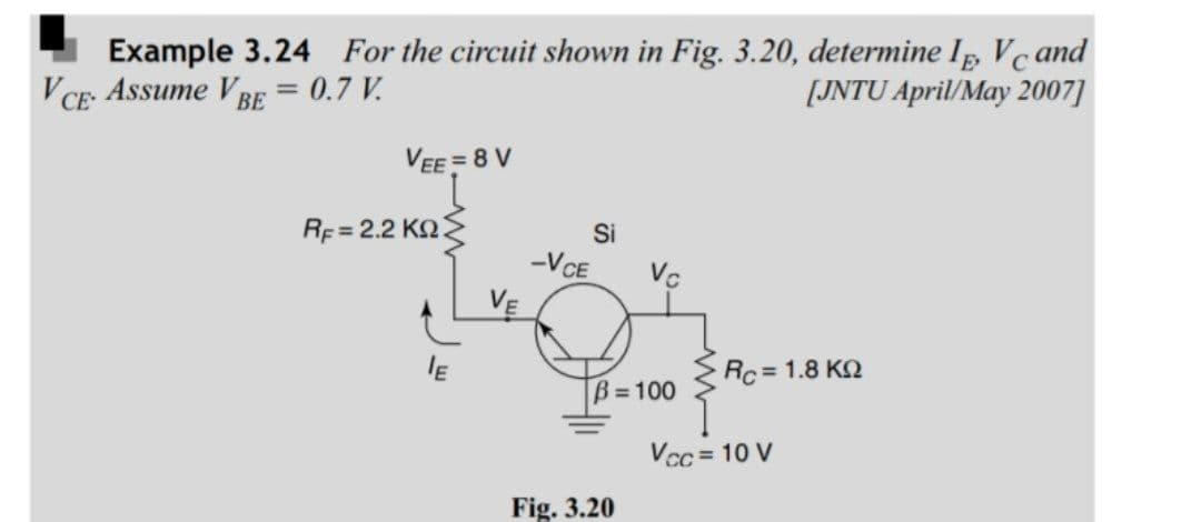 Example 3.24 For the circuit shown in Fig. 3.20, determine Ip, Vc and
V CE Assume VBE
0.7 V
[JNTU April/May 2007]
VEE = 8 V
RE= 2.2 KQ.
Si
-VCE
Vc
Rc = 1.8 KQ
B=100
Vcc = 10 V
Fig. 3.20
