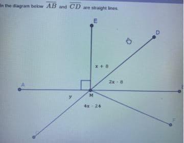 In the diagram below AB and CD are straight ines
E
x+8
Zx - 8
M
y
4x - 24
