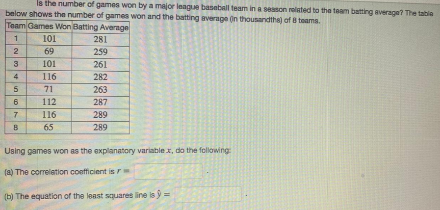 Is the number of games won by a major league baseball team in a season related to the team batting aver
below shows the number of games won and the batting average (In thousandths) of 8 teams.
Team Games Won Batting Average
1
101
281
69
259
101
261
4.
116
282
71
263
112
287
7
116
289
8
65
289
Using games won as the explanatory variablex, do the following:
(a) The correlation coefficient ís r =
(b) The equation of the least squares line is ŷ =
23
5.
