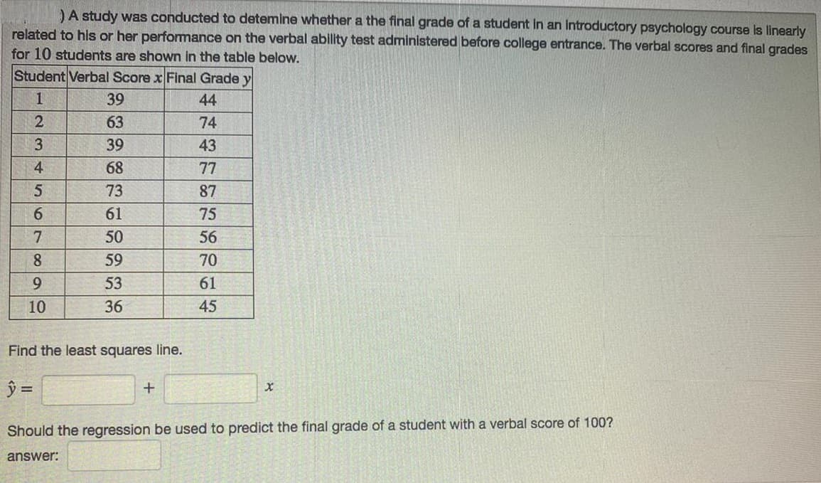 )A study was conducted to detemine whether a the final grade of a student in an Introductory psychology course Is linearly
related to his or her perfomance on the verbal ability test administered before college entrance. The verbal scores and final grades
for 10 students are shown in the table below.
Student Verbal Score x Final Grade y
39
44
2
63
74
39
43
4
68
77
73
87
6.
61
75
7
50
56
8.
59
70
53
61
10
36
45
