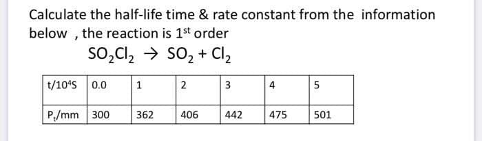 Calculate the half-life time & rate constant from the information
below , the reaction is 1st order
So,Cl, > so, + Cl,
t/10*s 0.0
1
2
3
5
P/mm 300
362
406
442
475
501
