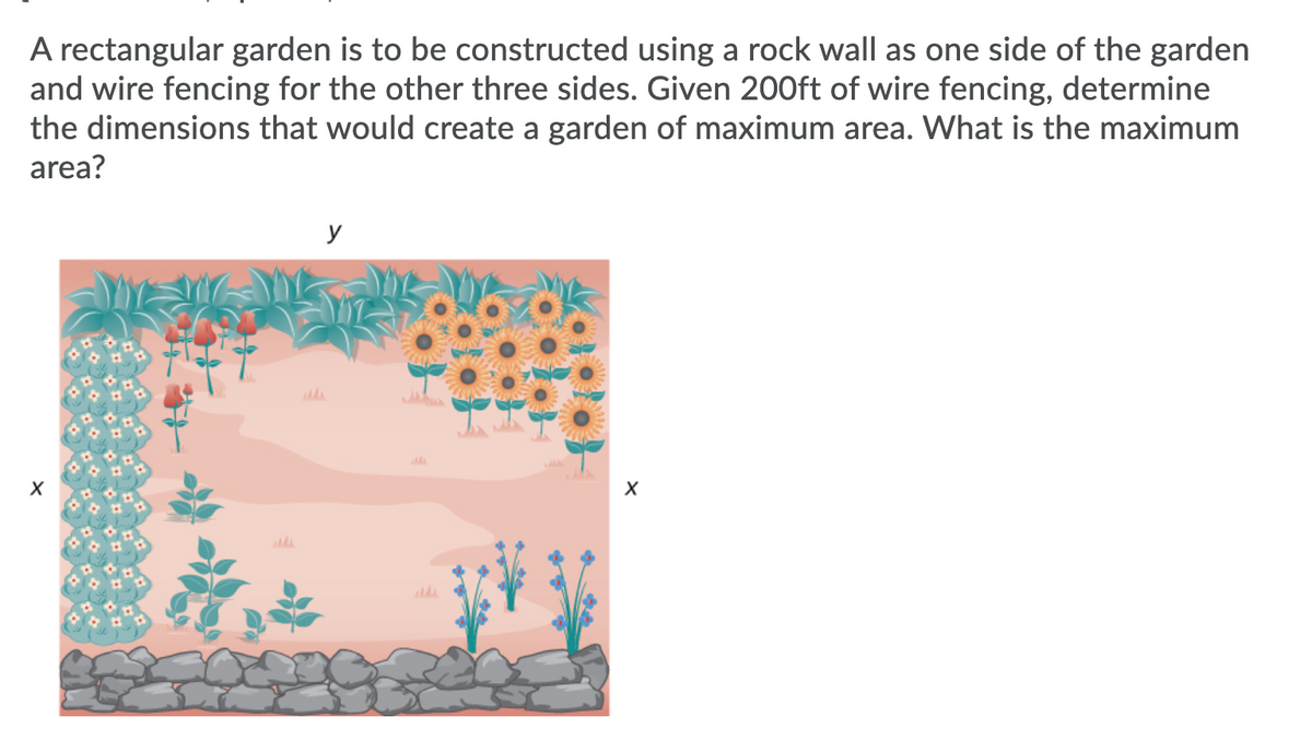 A rectangular garden is to be constructed using a rock wall as one side of the garden
and wire fencing for the other three sides. Given 200ft of wire fencing, determine
the dimensions that would create a garden of maximum area. What is the maximum
area?
y
