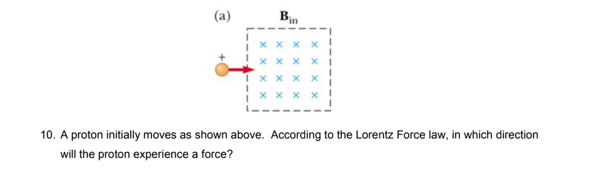 (a)
Bin
X X X
X X X
X X X
X X X
10. A proton initially moves as shown above. According to the Lorentz Force law, in which direction
will the proton experience a force?
X X
