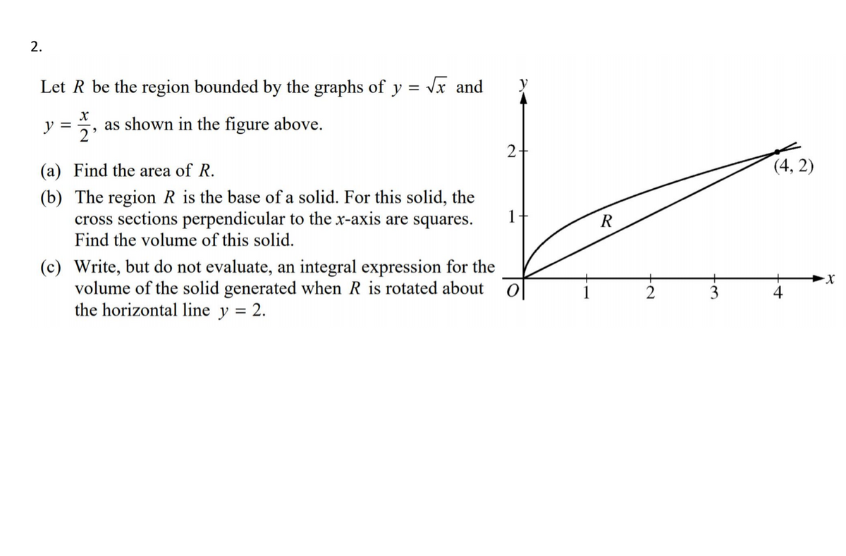 2.
Let R be the region bounded by the graphs of y = Vx and
as shown in the figure above.
2
2+
(a) Find the area of R.
(4, 2)
(b) The region R is the base of a solid. For this solid, the
cross sections perpendicular to the x-axis are squares.
Find the volume of this solid.
1
R
(c) Write, but do not evaluate, an integral expression for the
volume of the solid generated when R is rotated about
the horizontal line y = 2.
3
4+
