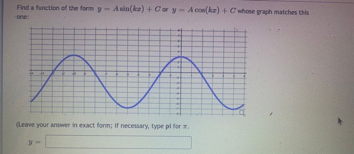 Find a function of the form y = A sin(kz) + C or y Acos(kz) + C whose graph matches this
one:
(Leave your answer in exact form; if necessary, type pi for T.
