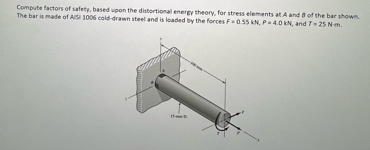 Compute factors of safety, based upon the distortional energy theory, for stress elements at A and B of the bar shown.
The bar is made of AISI 1006 cold-drawn steel and is loaded by the forces F = 0.55 kN, P = 4.0 kN, and T = 25 N-m.
15-mm D.
-100 mm