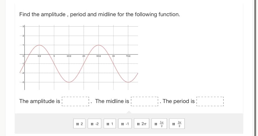 Find the amplitude, period and midline for the following function.
hum
312
2011
51/2
112
The amplitude is;
#2
The midline is!
: -2
711/2
#1
:: -1
#: 2π
::
The period is
5T
2
3T
2