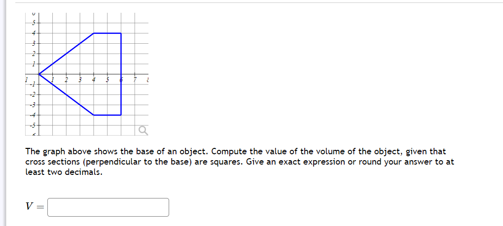 1
-1
¿
The graph above shows the base of an object. Compute the value of the volume of the object, given that
cross sections (perpendicular to the base) are squares. Give an exact expression or round your answer to at
least two decimals.
V =