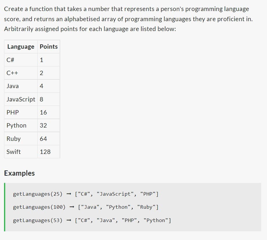 Create a function that takes a number that represents a person's programming language
score, and returns an alphabetised array of programming languages they are proficient in.
Arbitrarily assigned points for each language are listed below:
Language Points
C#
C++
Java
PHP
Python
Ruby
Swift
1
Examples
2
JavaScript 8
4
16
32
64
128
get Languages (25)
getLanguages (100)
getLanguages (53)
["C#", "JavaScript", "PHP"]
["Java", "Python", "Ruby"]
["C#", "Java", "PHP", "Python"]