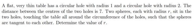 A flat, very thin table has a circular hole with radius 1 and a circular hole with radius 2. The
distance between the centres of the two holes is 7. Two spheres, each with radius r, sit in the
two holes, touching the table all around the circumference of the holes, such that the spheres
are tangent to each other. Determine the value of r.
