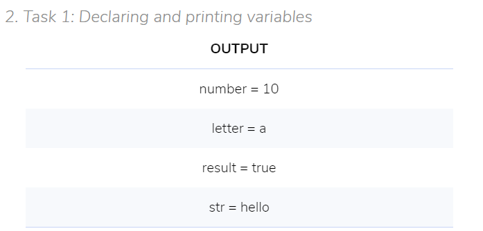2. Task 1: Declaring and printing variables
OUTPUT
number = 10
letter = a
result = true
str = hello
