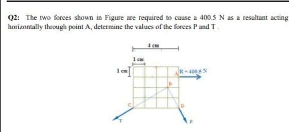 Q2: The two forces shown in Figure are required to cause a 400.5 N as a resultant acting
horizontally through point A, determine the values of the forces P and T.
| cm
1 cm
1 cm
R-400.5N

