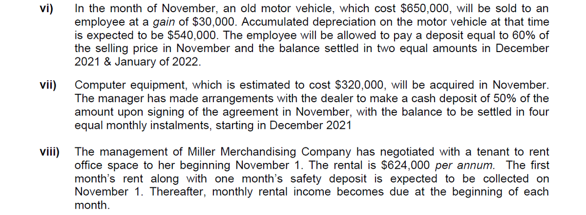 In the month of November, an old motor vehicle, which cost $650,000, will be sold to an
employee at a gain of $30,000. Accumulated depreciation on the motor vehicle at that time
is expected to be $540,000. The employee will be allowed to pay a deposit equal to 60% of
the selling price in November and the balance settled in two equal amounts in December
2021 & January of 2022.
vi)
vii)
Computer equipment, which is estimated to cost $320,000, will be acquired in November.
The manager has made arrangements with the dealer to make a cash deposit of 50% of the
amount upon signing of the agreement in November, with the balance to be settled in four
equal monthly instalments, starting in December 2021
viii)
The management of Miller Merchandising Company has negotiated with a tenant to rent
office space to her beginning November 1. The rental is $624,000 per annum.
month's rent along with one month's safety deposit is expected to be collected on
November 1. Thereafter, monthly rental income becomes due at the beginning of each
month.
The first
