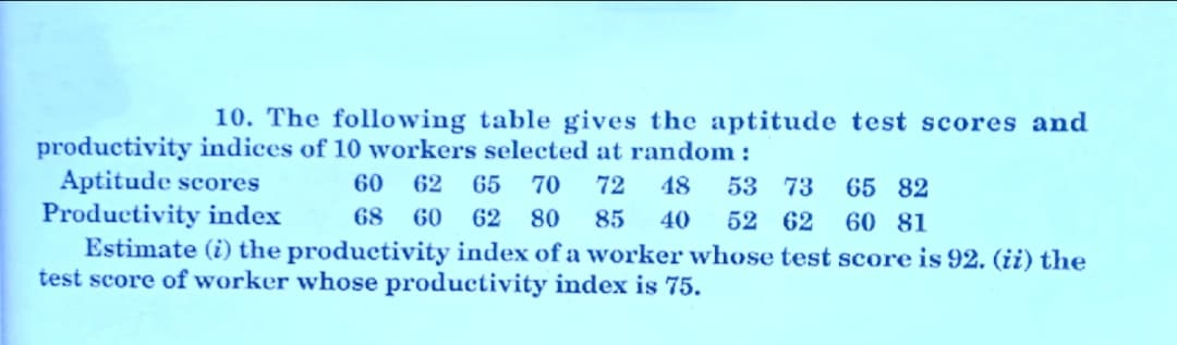 10. The following table gives the aptitude test scores and
productivity indices of 10 workers selected at random :
Aptitude scores
Productivity index
Estimate (i) the productivity index of a worker whose test score is 92. (ii) the
test score of worker whose productivity index is 75.
60 62 65 70
72
48
53 73
65 82
68 60 62 80
85
40
52 62 60 81
