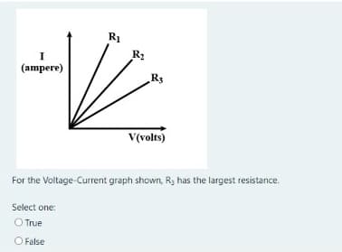 R1
(ampere)
R3
V(volts)
For the Voltage-Current graph shown, Ry has the largest resistance.
Select one:
O True
O False
