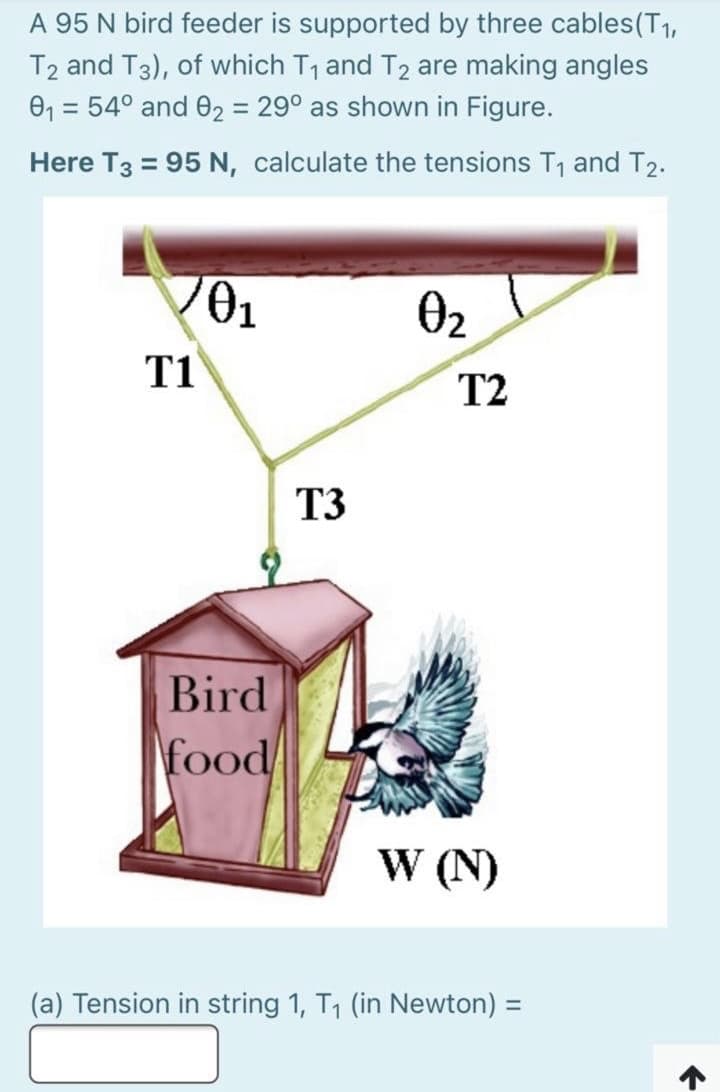 A 95 N bird feeder is supported by three cables(T1,
T2 and T3), of which T1 and T2 are making angles
0, = 54° and 02 = 29° as shown in Figure.
%3D
%3D
Here T3 = 95 N, calculate the tensions T1 and T2.
O2
T1
T2
T3
Bird
food
W (N)
(a) Tension in string 1, T1 (in Newton) =
%3D
