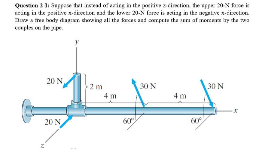 Question 2-I: Suppose that instead of acting in the positive z-direction, the upper 20-N force is
acting in the positive x-direction and the lower 20-N force is acting in the negative x-direction.
Draw a free body diagram showing all the forces and compute the sum of moments by the two
couples on the pipe.
y
20 N
2 m
30 N
30 N
4 m
4 m
20 N
60°
60°
