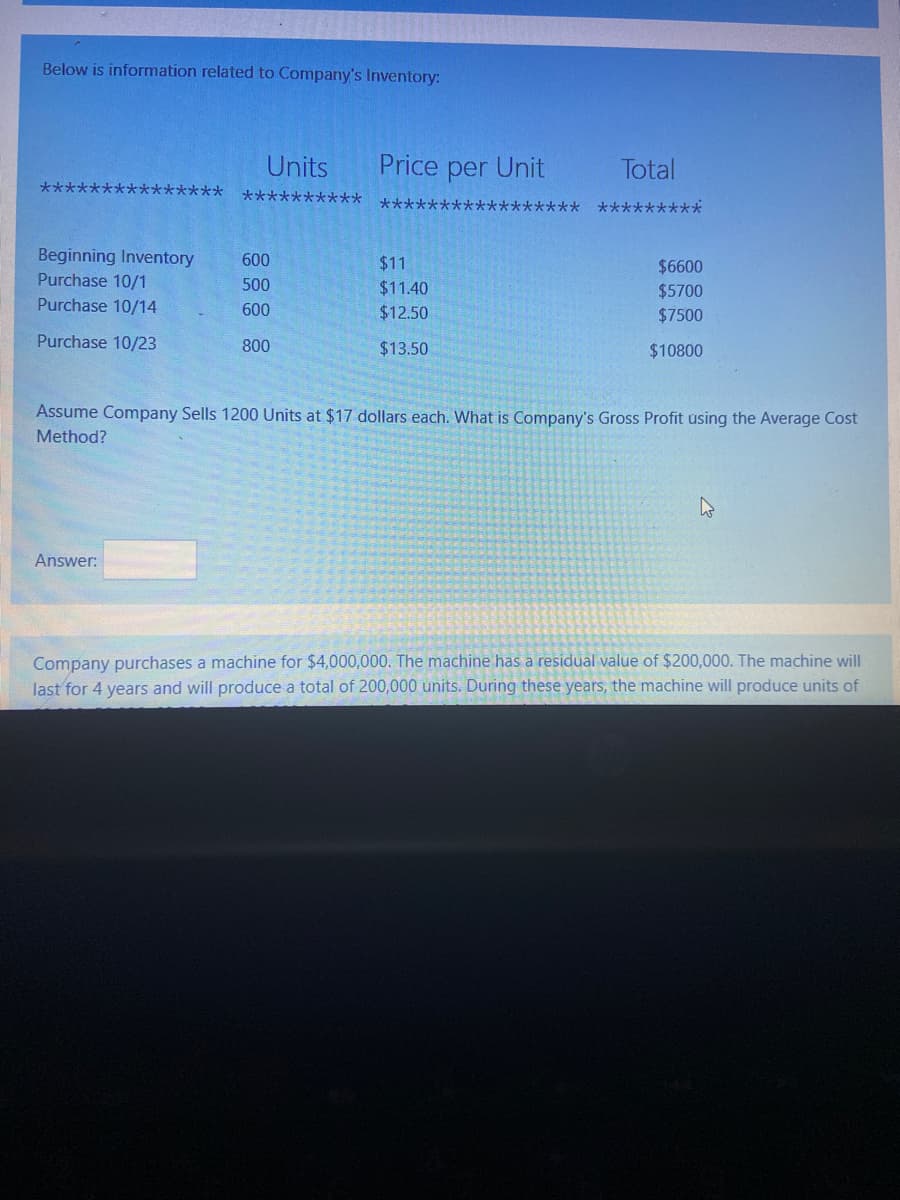 Below is information related to Company's Inventory:
Units
Price per Unit
Total
大 大 ★ ★ ★*★★大*大*大 ★*
Beginning Inventory
Purchase 10/1
600
$11
$6600
$5700
500
$11.40
Purchase 10/14
600
$12.50
$7500
Purchase 10/23
800
$13.50
$10800
Assume Company Sells 1200 Units at $17 dollars each. What is Company's Gross Profit using the Average Cost
Method?
Answer:
Company purchases a machine for $4,000,000. The machine has a residual value of $200,000. The machine will
last for 4 years and will produce a total of 200,000 units. During these years, the machine will produce units of
