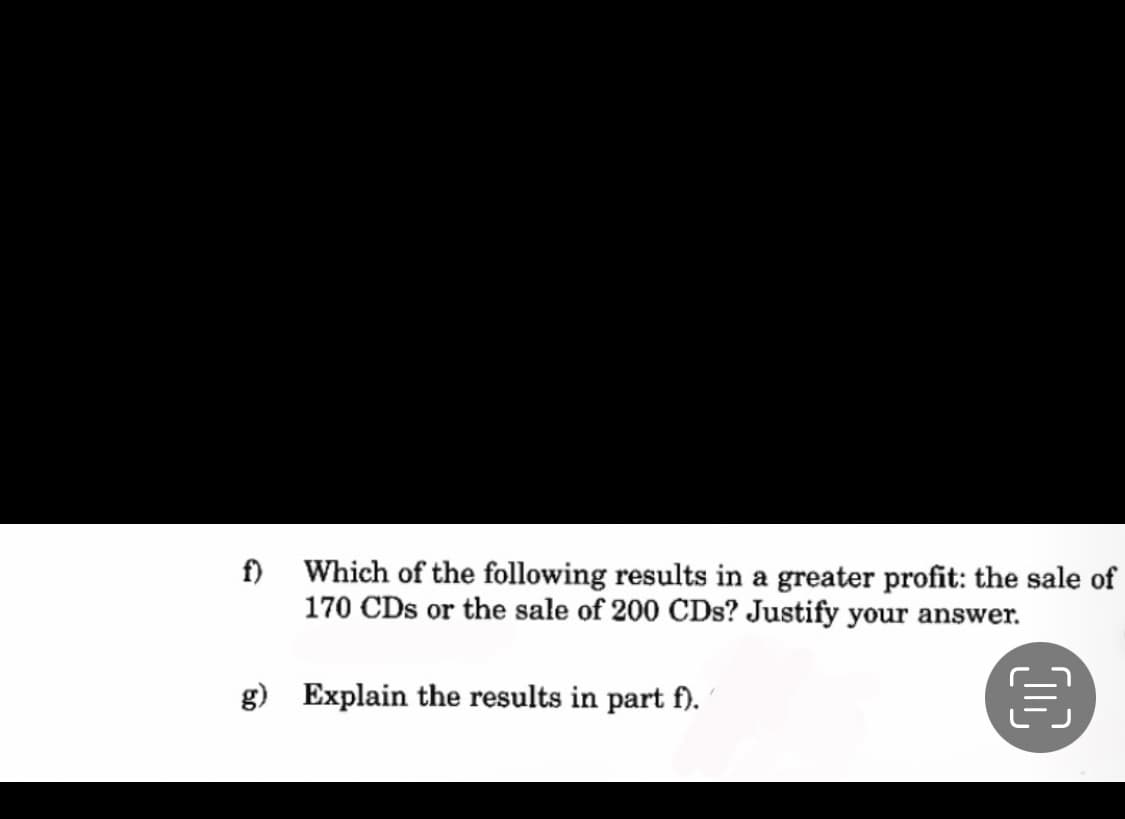 f)
Which of the following results in a greater profit: the sale of
170 CDs or the sale of 200 CDs? Justify your answer.
g) Explain the results in part f).
OC