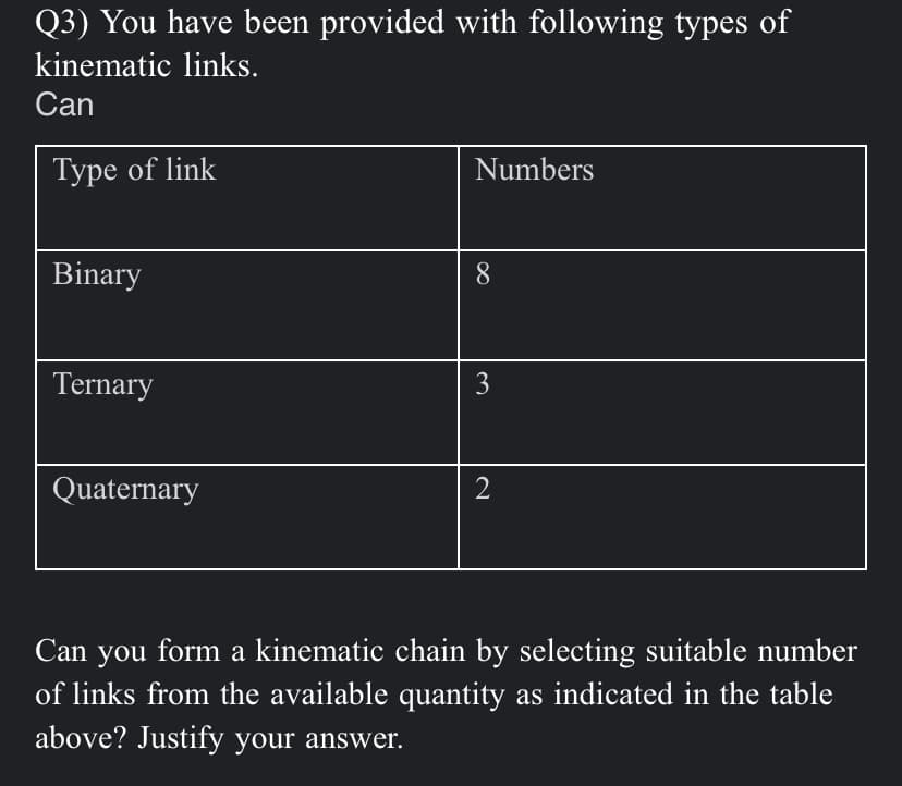 Q3) You have been provided with following types of
kinematic links.
Can
Type of link
Numbers
Binary
Ternary
3
Quaternary
2
Can you form a kinematic chain by selecting suitable number
of links from the available quantity as indicated in the table
above? Justify your answer.
