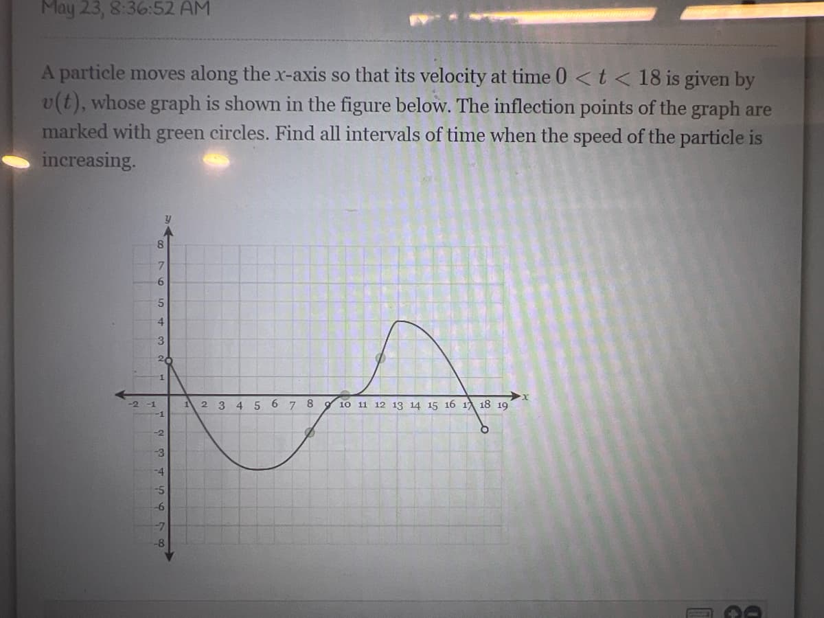 May 23, 8:36:52 AM
A particle moves along the x-axis so that its velocity at time 0 < t < 18 is given by
v(t), whose graph is shown in the figure below. The inflection points of the graph are
marked with green circles. Find all intervals of time when the speed of the particle is
increasing.
y
2 3 4567 8
10 11 12 13 14 15 16 17 18 19
O
-2
-1
8
7
6
5
3
20
1
NH
-2
-3
7
-4
-5
-6
-7
-8