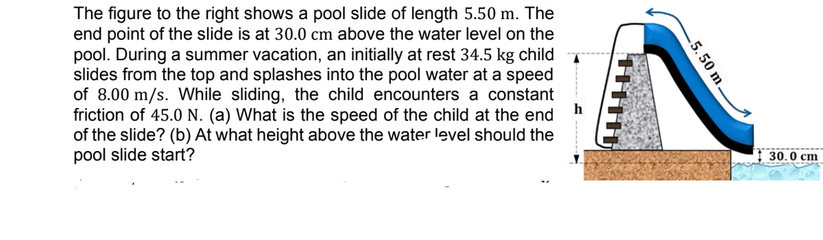 The figure to the right shows a pool slide of length 5.50 m. The
end point of the slide is at 30.0 cm above the water level on the
pool. During a summer vacation, an initially at rest 34.5 kg child
slides from the top and splashes into the pool water at a speed
of 8.00 m/s. While sliding, the child encounters a constant
friction of 45.0 N. (a) What is the speed of the child at the end
of the slide? (b) At what height above the water level should the
pool slide start?
30.0 cm
.5.50 m.
